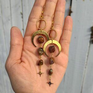 Celestial African Green Opal Gemstone Dangle Earrings Gold Crescent Moon Witchy